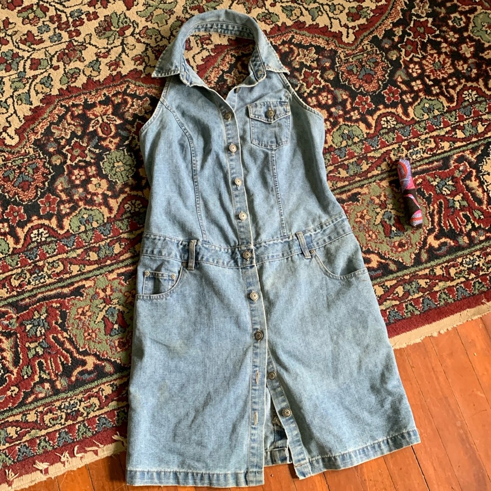 90s Amazing Denim Halter Dress, Button Down